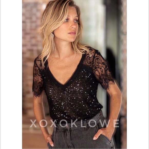 POL Tops - POL Black Sequin V Neck Lace Short Sleeves Sheer Top